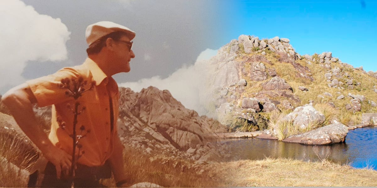 Dr. Gildo Unger no Vale dos Lírios, em Itatiaia, nos anos 1970, sobreposto à paisagem atual da região.